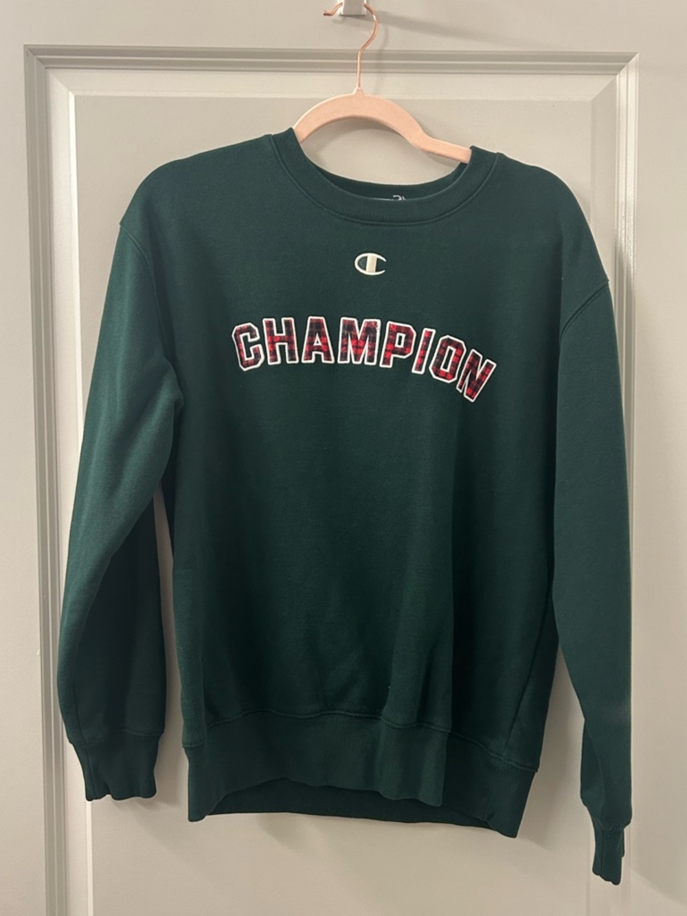 Champion forest green plaid logo sweatshirt